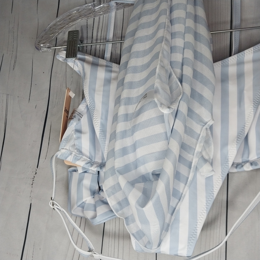 Jimmi Striped Blue and White Bikini Set With Wrap And Hair Tie Size M NWT - Picture 8 of 10
